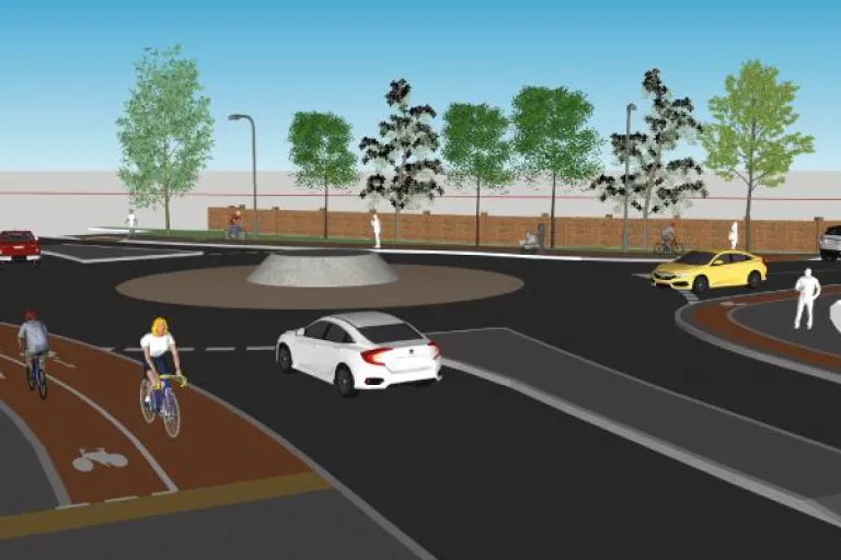 Computer generated graphic of what the new roundabout at the junction of Holyport Road and the A308 will look like including new bike paths and single lane approach